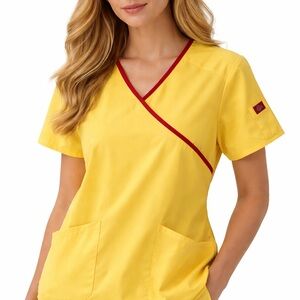 Dickies Yellow With Orange Trim VNeck Scrub Top Large